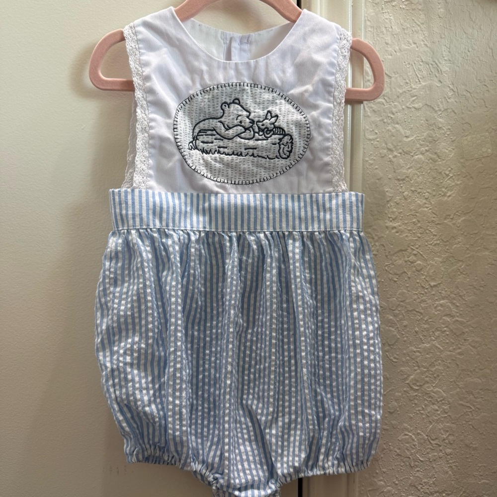 Classic Winnie the Pooh Blue and White Striped Baby Romper